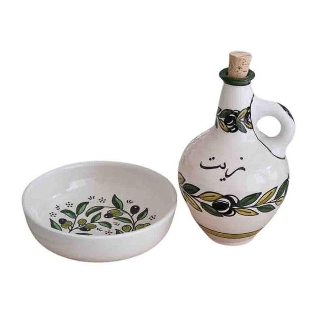 Fyrouzi - Oil Jug And Olive Painted Serving Dish Set - 2pcs