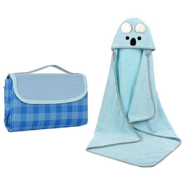 Star Babies - Waterproof Beach Mat - Blue With Microfiber Hooded Towel - Blue