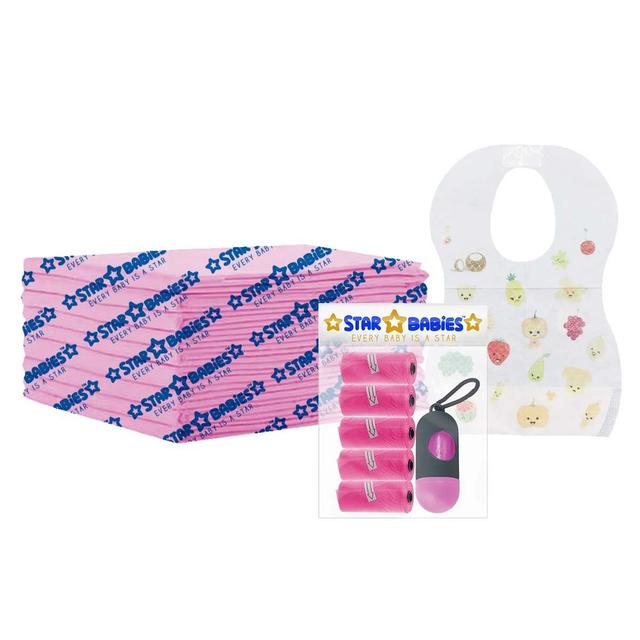 Star Babies - Changing Mat 15pcs Scented Bag w/ Dispenser 75pcs & Bibs 15pcs - Pink