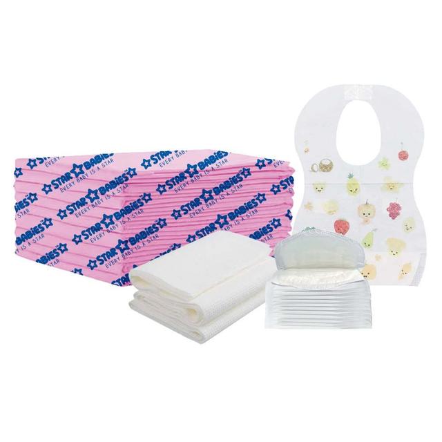 Star Babies - Disposable Changing Mat 10pcs, Bibs 10pcs, Breast Pad 10pcs, Disposable Towel 3pcs - Pink