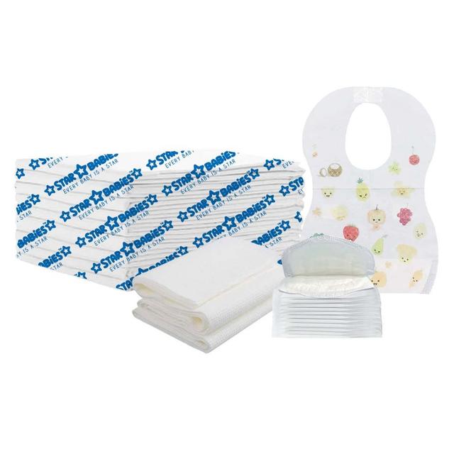 Star Babies - Disposable Changing Mat 10pcs, Bibs 10pcs, Breast Pad 10pcs, Disposable Towel 3pcs - White