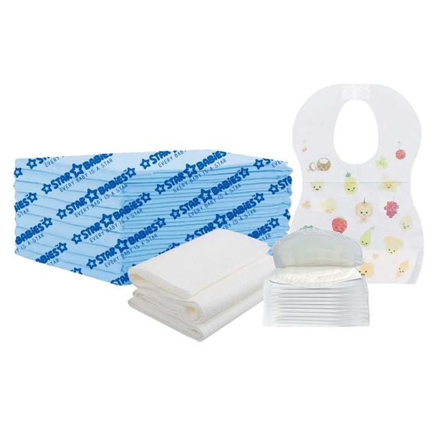 Star Babies - Disposable Changing Mat 15pcs, Bibs 15pcs, Breast Pad 15pcs, Disposable Towel 3pcs - Blue