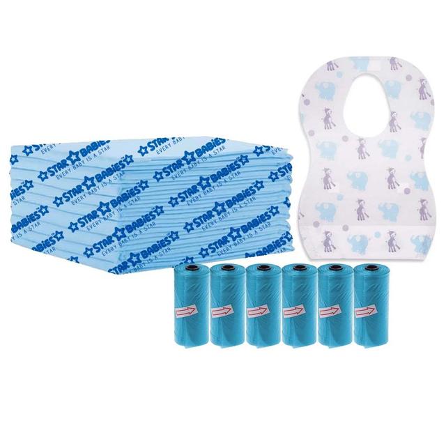 Star Babies - Disposable Changing Mat 5pcs, Scented Bag 6pcs 90pcs w/ Disposable Bibs 10pcs - Blue