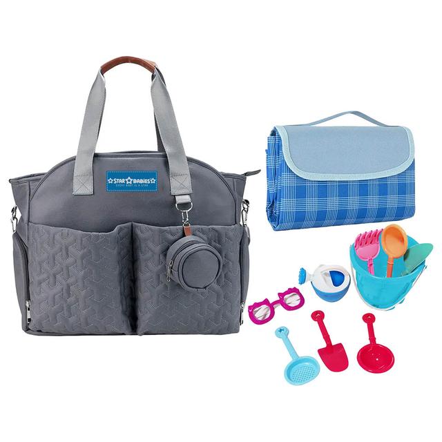 Star Babies - Diaper Portable Bag w/ Blue Beach Mat & Blue Beach Bucket - Blue