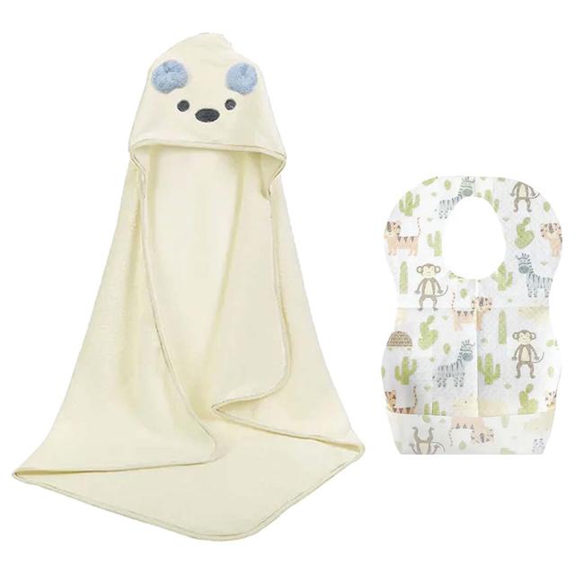 Star Babies - White Microfiber Hooded Towel w/ Disposable Bibs 10pcs - Animal Print