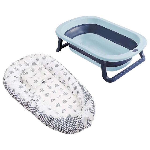 Star Babies - Baby Sleeping Bed w/ Foldable Bathtub - Grey/Blue