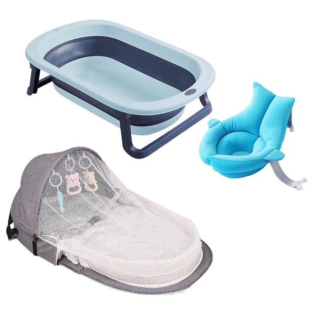 Star Babies - Baby Mosquito Bed w/ Foldable Bathtub & Baby Sink Bather - Grey/Blue