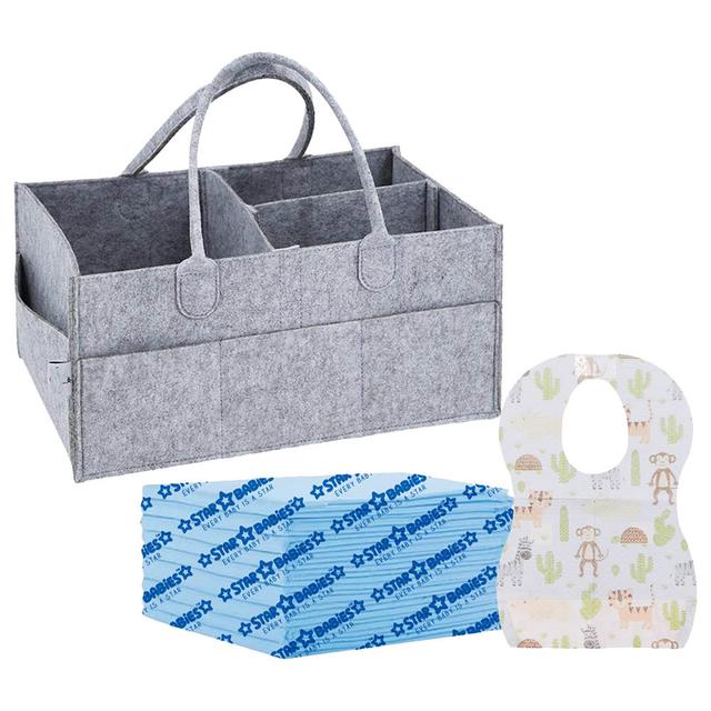 Star Babies - Caddy Diaper Organizer - Grey w/ Disposable Bibs - 10pcs & Changing Mat - 10pcs - Blue