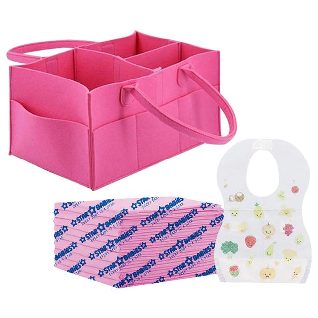 Star Babies - Caddy Diaper Organizer - Pink w/ Disposable Bibs - 10pcs & Changing Mat - 10pcs - Pink