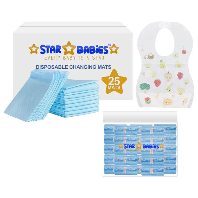 Star Babies - Disposable Changing Mat 25pcs & Scented Bag 25pcs W/ Disposable Bibs 25pcs - Blue