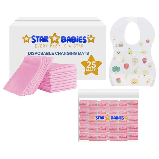 Star Babies - Disposable Changing Mat 25pcs & Scented Bag 25pcs W/ Disposable Bibs 25pcs - Pink