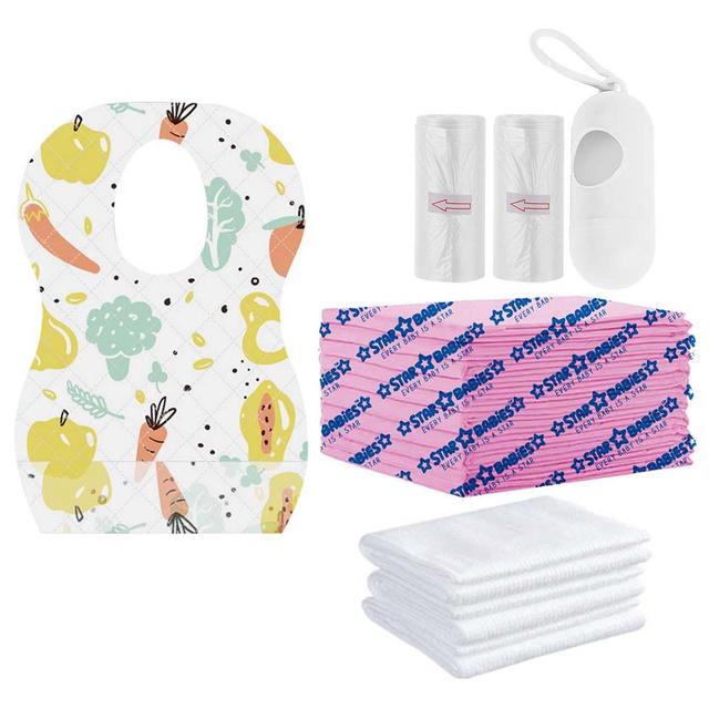 Star Babies - Disposable Bibs Fruits Print 5pcs, Disposable Towel 3pcs, Scented Bag 2pcs & Dispenser, Changing Mat 10pcs - White