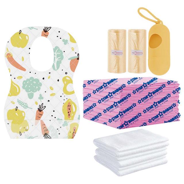 Star Babies - Disposable Bibs Fruits Print 5pcs, Disposable Towel 3pcs, Scented Bag 2pcs & Dispenser, Changing Mat 10pcs - Ivory