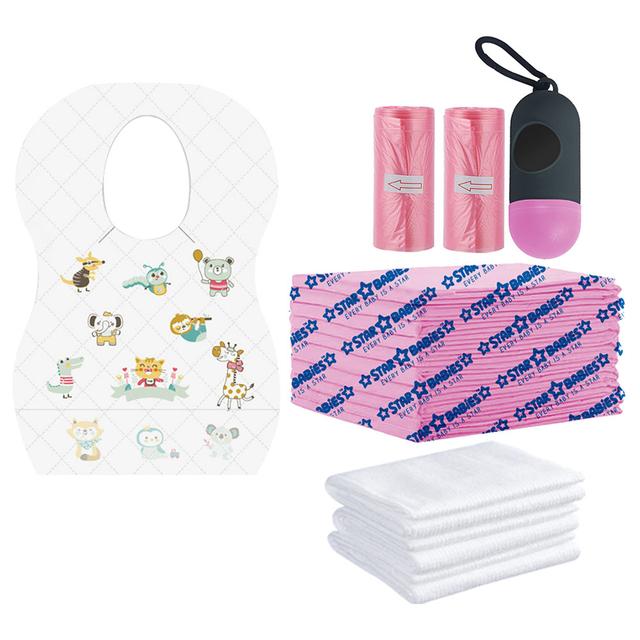 Star Babies - Disposable Bibs Animal Print 5pcs, Disposable Towel 3pcs, Scented Bag 2pcs & Dispenser, Changing Mat 10pcs - Pink