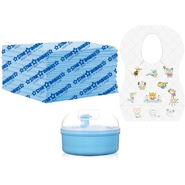 Star Babies - Powder Puff & Disposable Bibs 10pcs w/ Disposable Changing Mat 10pcs - Blue