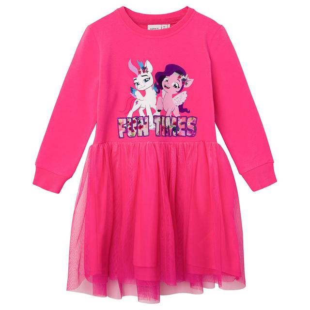 Name It - Long Sleeves Tulle Sweat Dress - Pink Flambe