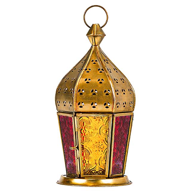 Hilalful - Arabian Brass Antique Lantern - Red/Yellow Glass