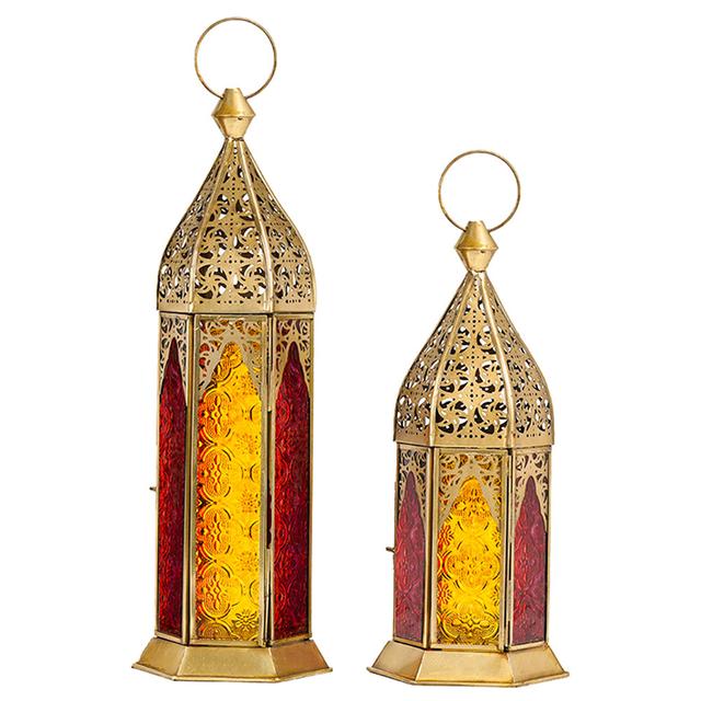 Hilalful - Duo Brass Antique Lantern - Yellow/Red Glass - 2pcs