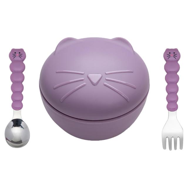 Melii - Silicone Bowl w/ Lid & Utensils - Purple Cat 