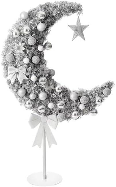 Homesmiths - Ramadan Crescent Moon Tree W/ Lights, Balls, Star & Bow - 90cm - Silver