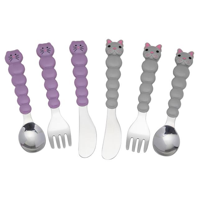 Melii - Utensil Set - 6pcs - Purple Cat & Grey Bulldog