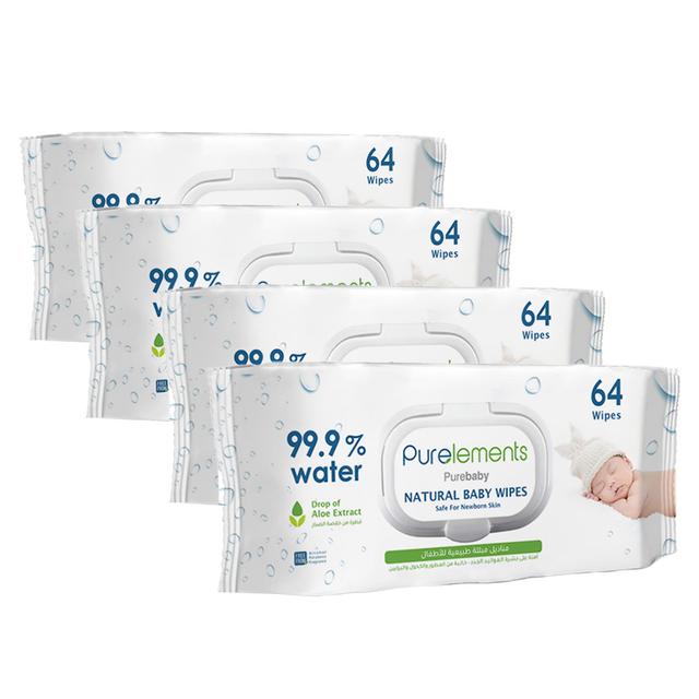 Purelements - Aloe Natural 99.9% Water Wipes - Pack of 4 - 256pcs