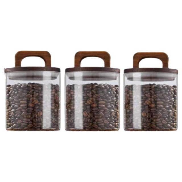 1Chase - Glass Food Storage Jar w/ Acacia Wood Lid - 800 ml - 3pcs