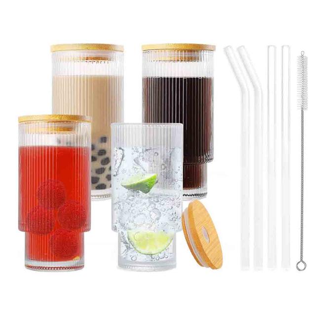 1Chase - Ribbed Drinking Glass With Straw And Lid - 450 ml - Pack of 4