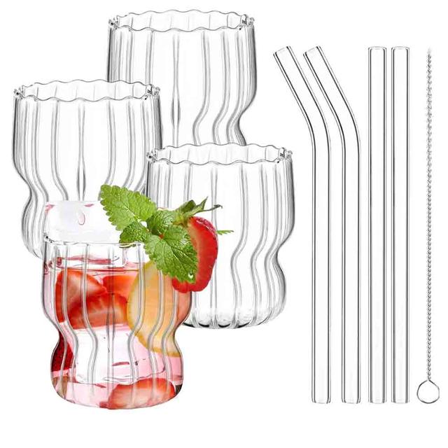 1Chase - Ripple Shaped Drinking Glass With Straw - 320 ml - Pack of 4