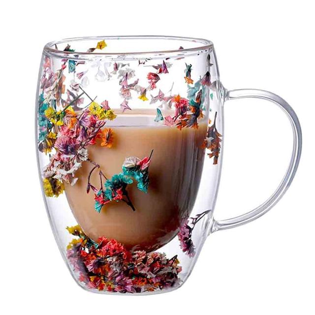 1Chase - Flower Design Glass Coffee Cup With Handle - 350 ml