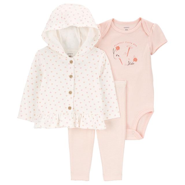 Carters - 3pc-Set - Little Cardigan With Bodysuit & Pants - Pink/White