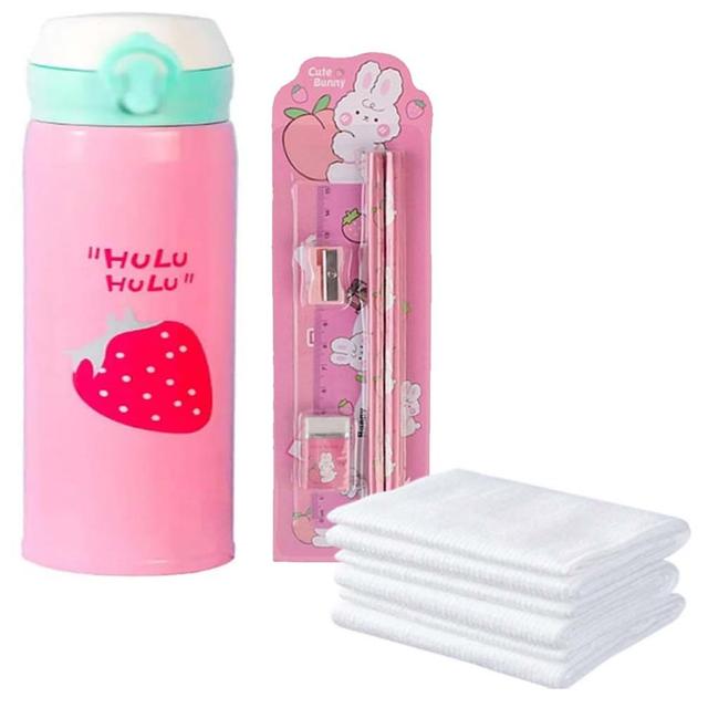 Star Babies - Stationery Set 5pcs With Kids Water Bottle and Disposable Towel 3pcs - Pink