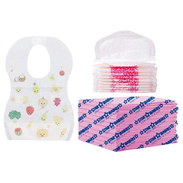 Star Babies - Disposable Changing Mat 10pcs, Breast Pad 10pcs, Bibs 10pcs - Pink