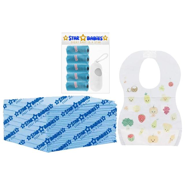 Star Babies - Disposable Changing Mat 8pcs, Bibs 8pcs, Scented Bag w/ Dispenser - Blue