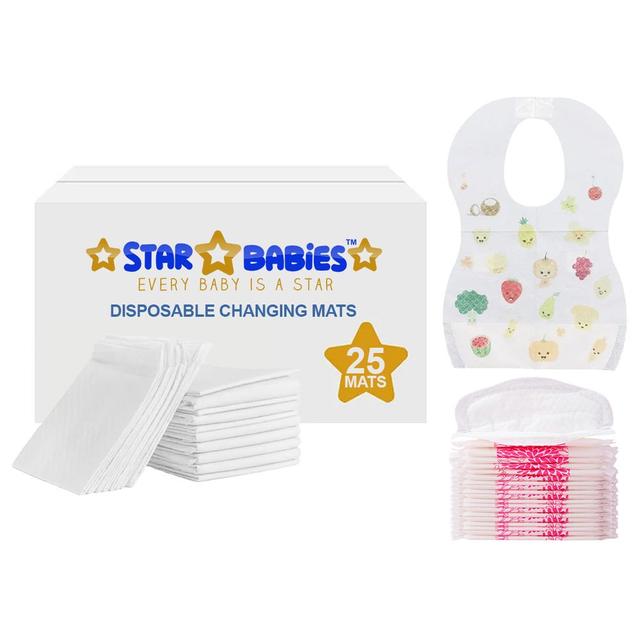 Star Babies - Changing Mat 25pcs w/ Breast Pad 25pcs & Disposable Bibs 25pcs - White