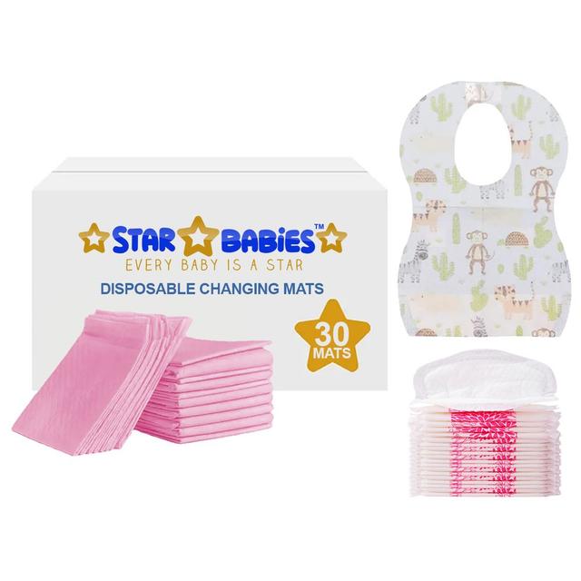 Star Babies - Changing Mat 30pcs w/ Breast Pad 30pcs & Disposable Bibs 30pcs - Pink