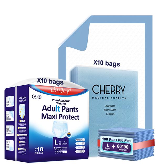 UniJoy - Adult Diapers Pull Up Pant Style L-XL Size 100pcs + Disposable Underpads Absorbency Leak Protection Unisex 100pcs