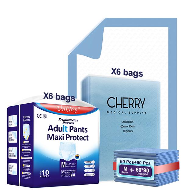 UniJoy - Adult Diapers Pull Up Pant Style M-L Size 60pcs + Disposable Underpads Absorbency Leak Protection Unisex 60pcs