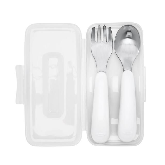 Oxo-Tot - On-The-Go Fork And Spoon With Case Set - Teal/White - 2pcs