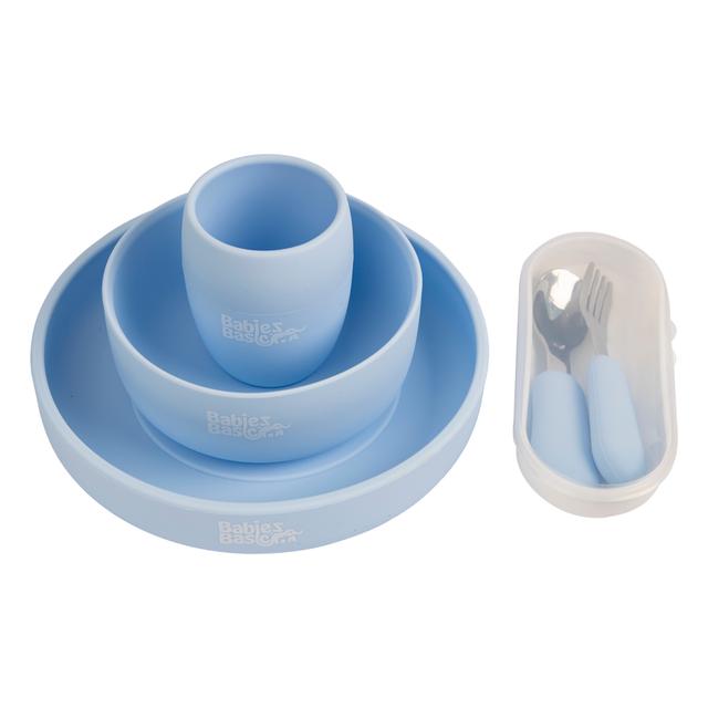 Babies Basic - Silicone Plate, Bowl, Cup And Cutlery With Case Set - Blue - 5pcs