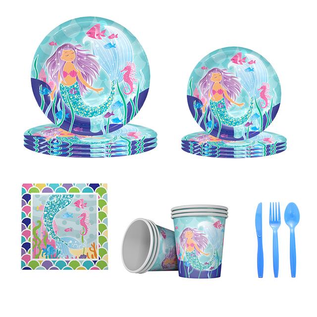 Long Sun - Mermaid Themed Party Tableware Set - Blue - 68pcs