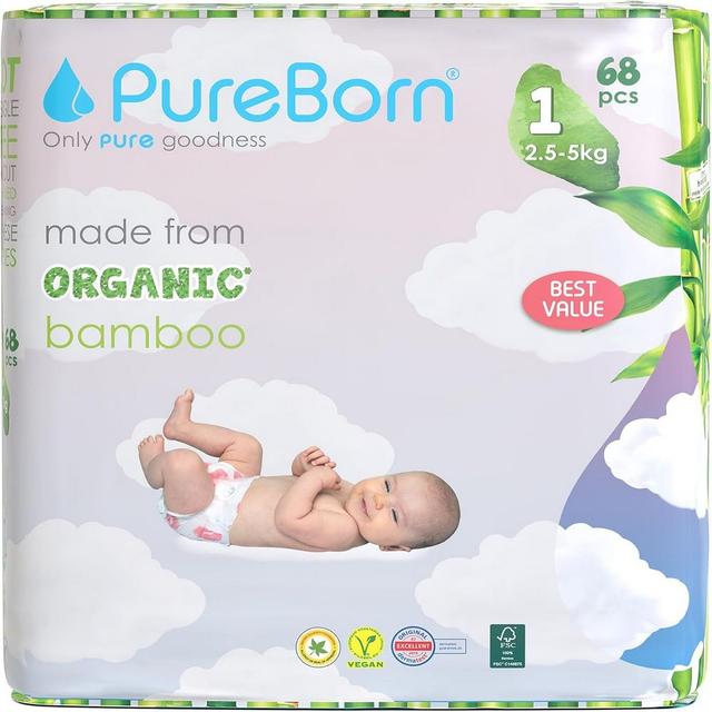 Pureborn - Size 1 Organic Diapers Upto 5Kg 68s - Twin Value Pack - Cloud