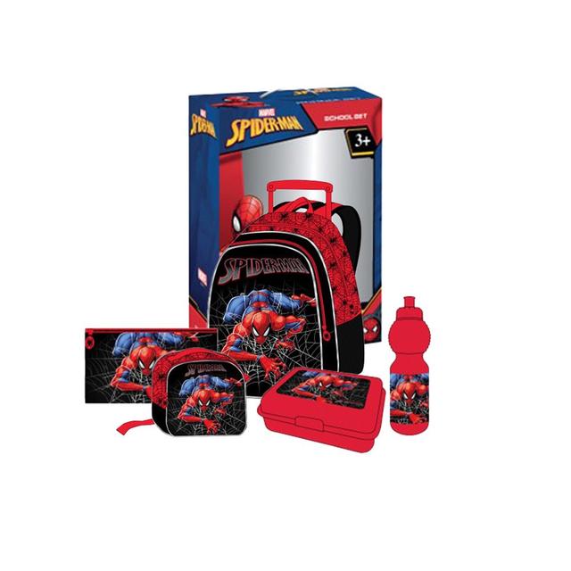 Marvel - Spider Man Kids 5-in-1 Box Set W/ 18" - Trolley School Bag, Water Bottle, Lunch Box, Lunch Bag & Pencil Case