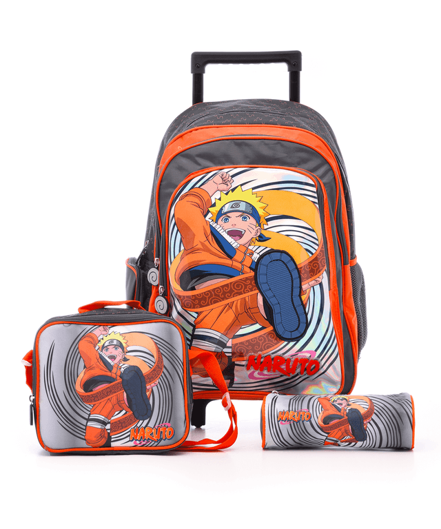 Naruto - School Trolley Bag - 16-inch With Lunch Bag And Pencil Case - Red - 3pcs