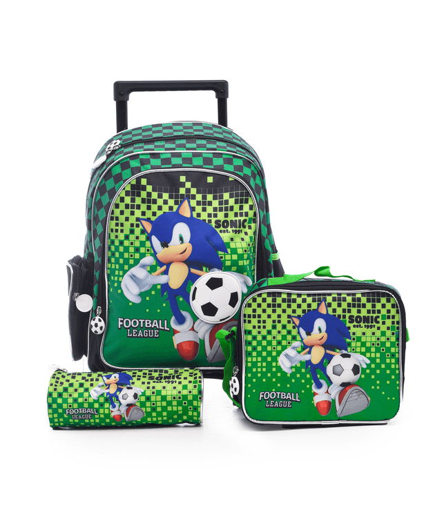 Sonic - School Trolley Bag - 14-inch With Lunch Bag And Pencil Case - Green - 3pcs