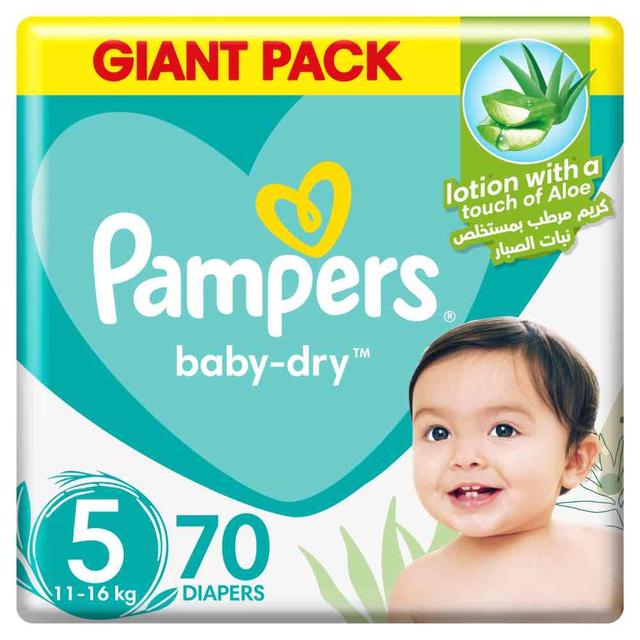 Pampers Baby-Dry Diapers, Size 5, 11-16 kg, Up to 100% Leakage Protection Over 12 Hours and Bigger, Wider Sides for Comfort, 70 Baby Diapers