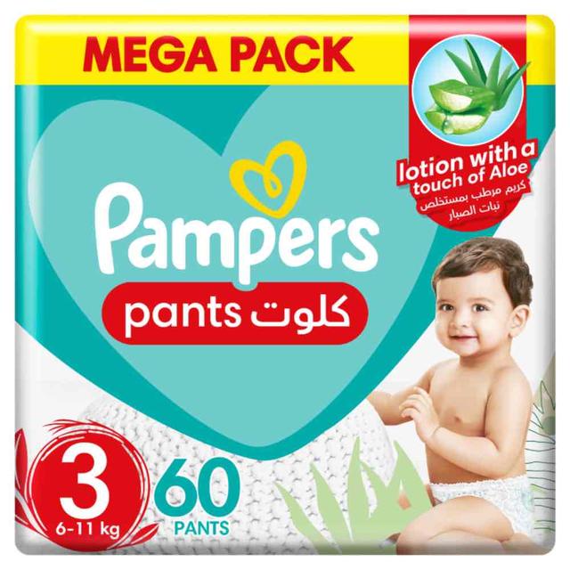 Pampers - Baby-Dry Pants Diapers with Aloe Vera Lotion, 360 Fit, Size 3, 6-11kg, Jumbo Pack, 60 Count