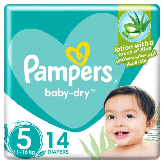 Pampers Baby-Dry Diapers, Size 5, 11-16kg, Up to 100% Leakage Protection Over 12 Hours and Bigger, Wider Sides for Comfort, 14 Baby Diapers