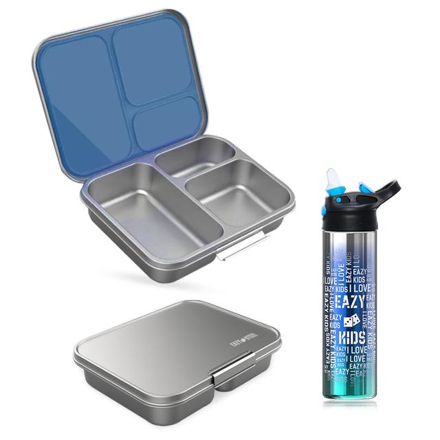 Eazy Kids - Stainless Steel Bento Box And Water Bottle Set - Blue - 2pcs