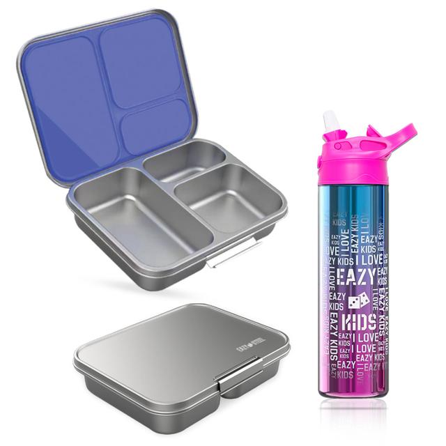 Eazy Kids - Stainless Steel Bento Box And Water Bottle Set - Purple - 2pcs